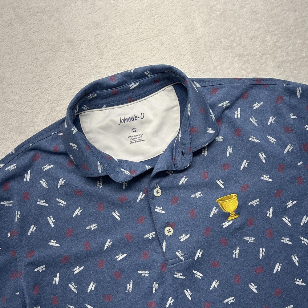 Johnnie-O Polo Shirt Mens S Blue Graphic Print Short Sleeve Presidents Cup Logo